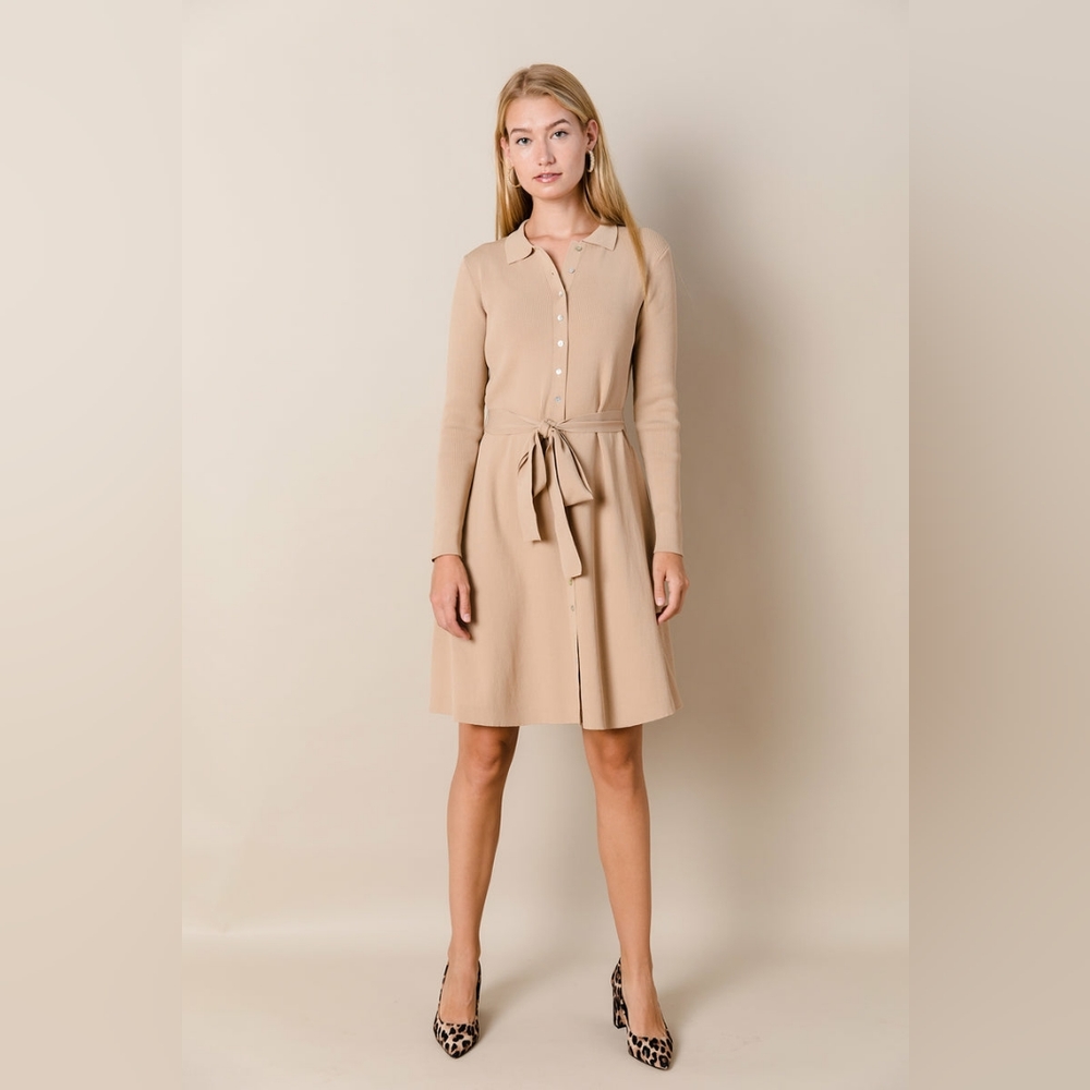 Apparalel Ribbed Knit Button Down Dress in Latte